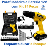 Parafusadeira e Furadeira a Bateria 12V 3/8'' com Kit 34 Peças